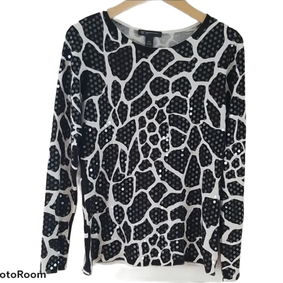 INC Giraffe black/white Sequined embellished Knit Long-sleeve Sweater, Size SP - Picture 2 of 14